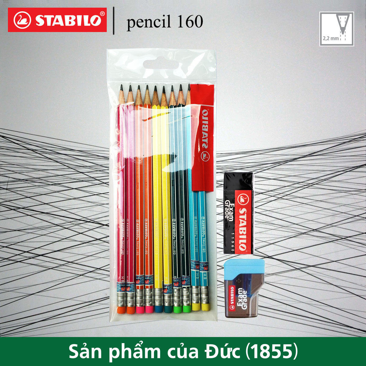 Bộ 10 cây bút chì gỗ STABILO pencil 160 HB (2 màu nhớt + 2 màu vàng + 2 màu hồng + 2 màu cam + 2 màu xanh) (PC2160-C10)