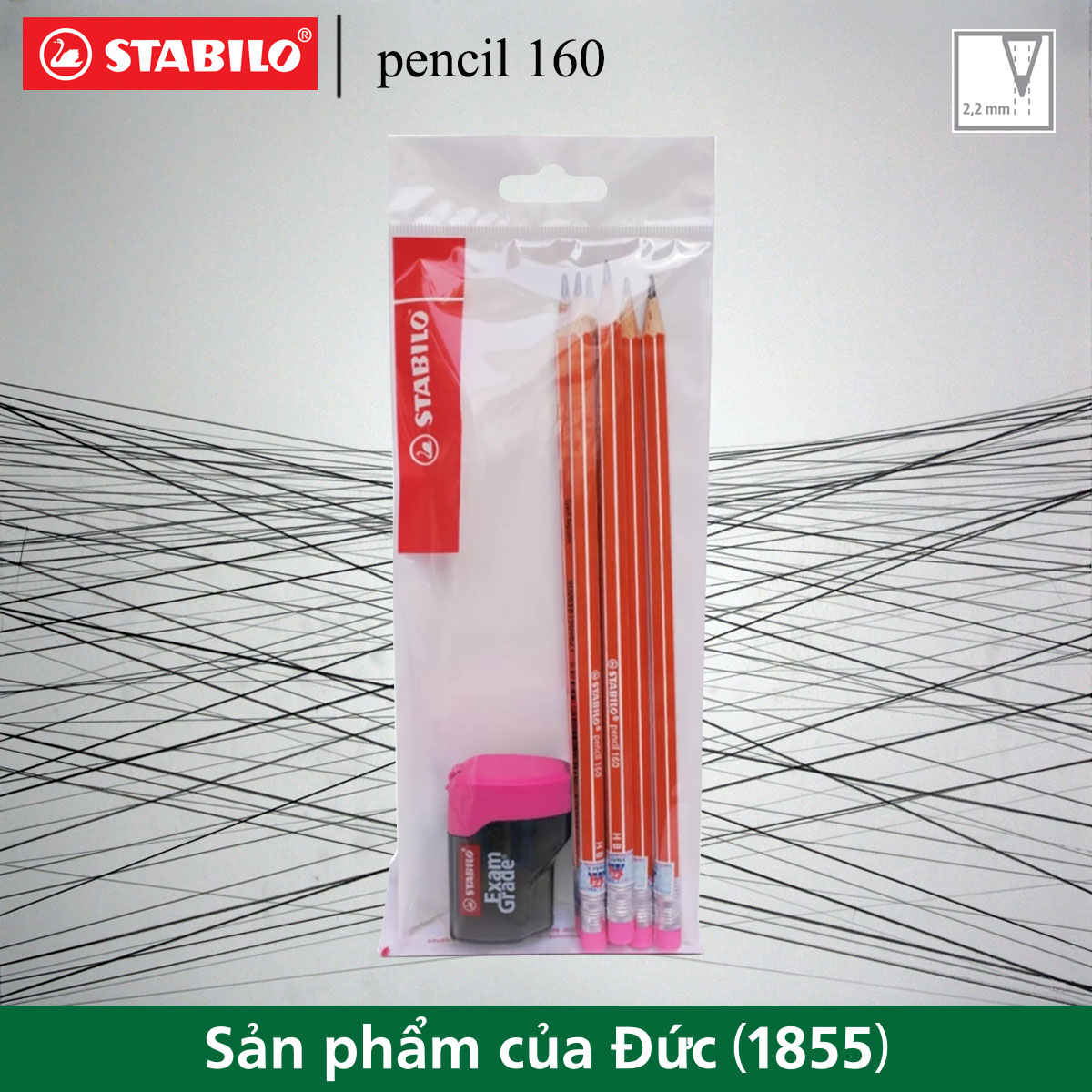 Bộ 6 cây bút chì gỗ STABILO pencil 160 (có gôm) (xanh) + gôm Conqueror 193 + chuốt ExamGrade 4538 (PC2160U-C6S+)