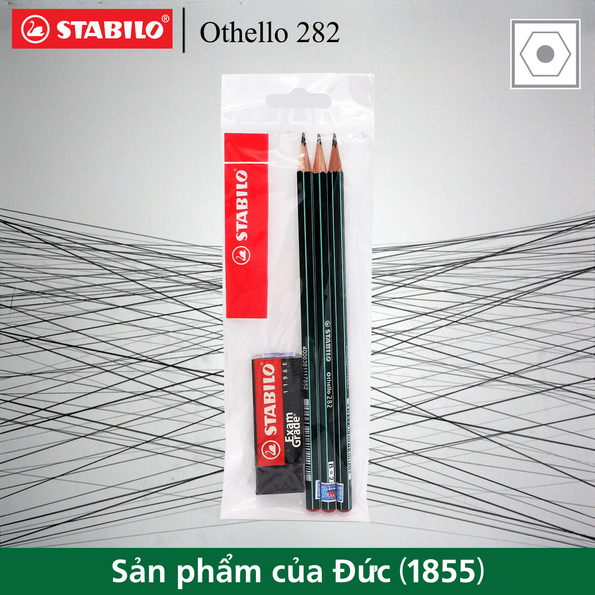Bộ 3 cây bút chì gỗ phác thảo STABILO Othello HB + tẩy ExamGrade ER196E (PC282-HB-C3+)