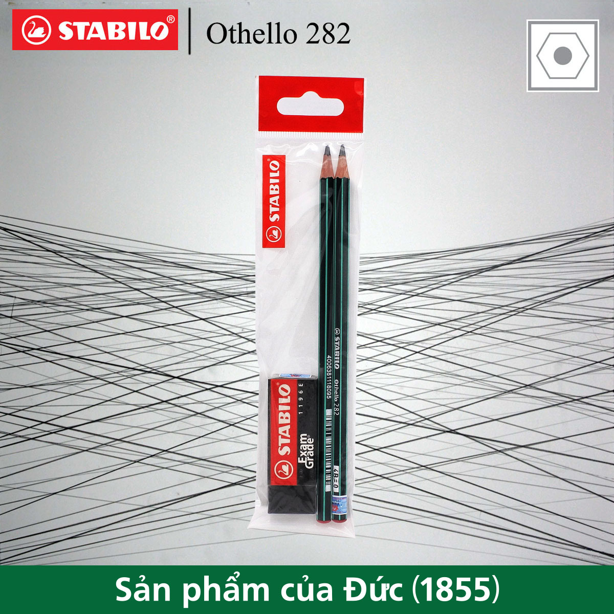 Bộ 2 cây bút chì gỗ phác thảo STABILO Othello 8B + tẩy ExamGrade ER196E (PC282-8B-C2+)