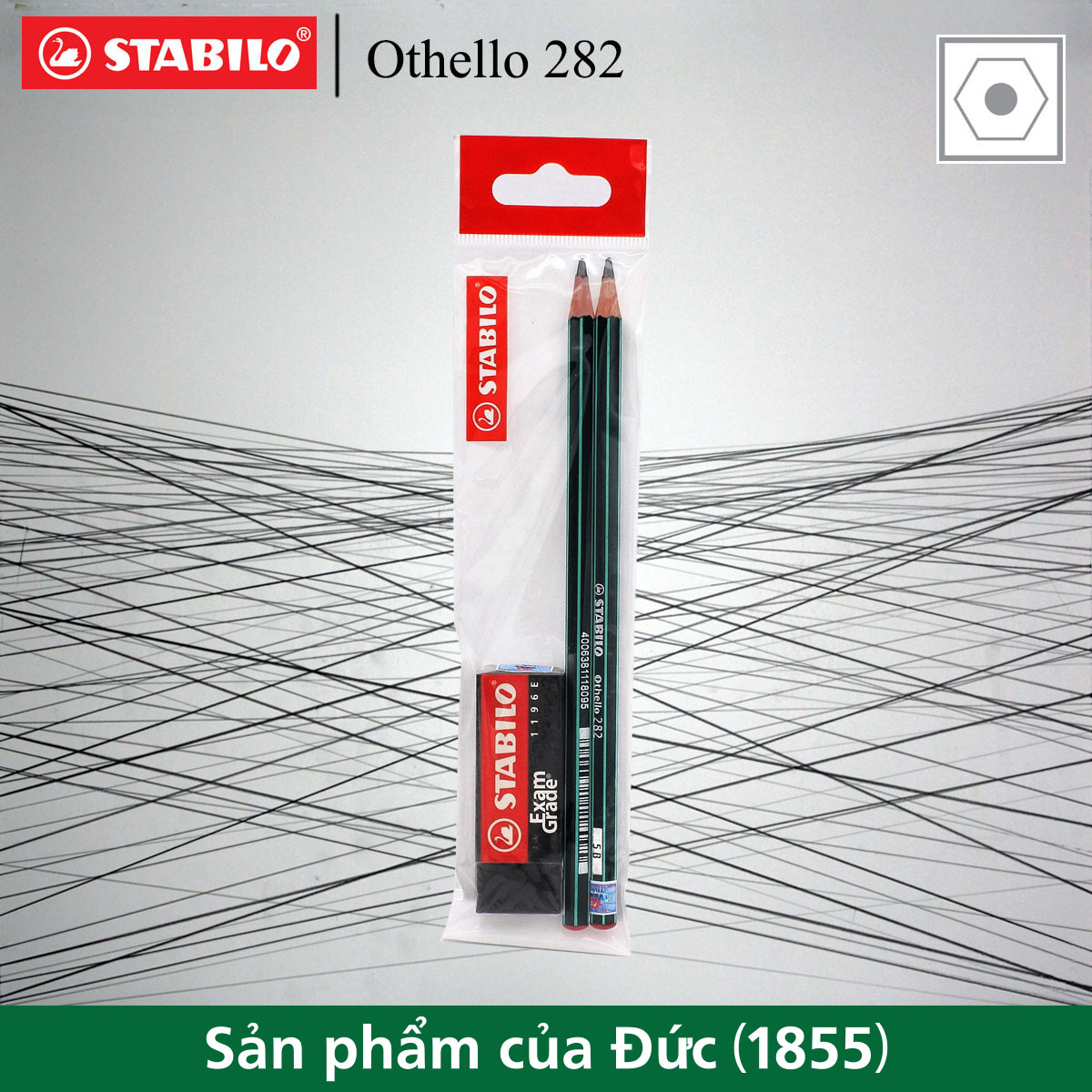 Bộ 2 cây bút chì gỗ phác thảo STABILO Othello 8B + tẩy ExamGrade ER196E (PC282-8B-C2+)