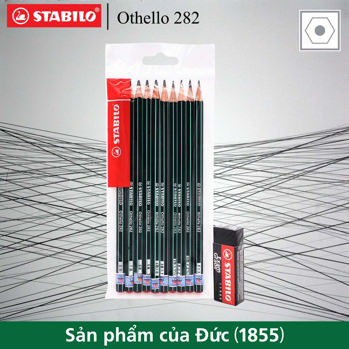 Bộ 10 cây chì gỗ phác thảo STABILO Othello 282 + tẩy ExamGrade ER196E (PC282-B10+)