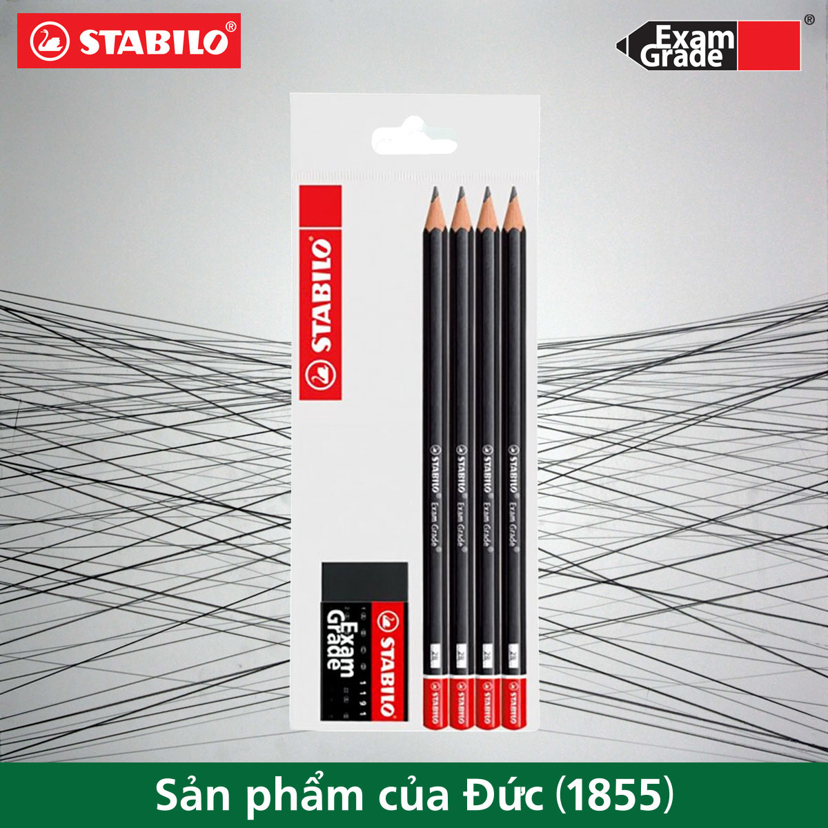Bộ 4 cây bút chì gỗ STABILO Exam Grade 2B + tẩy ER191E (PC288-C4+)