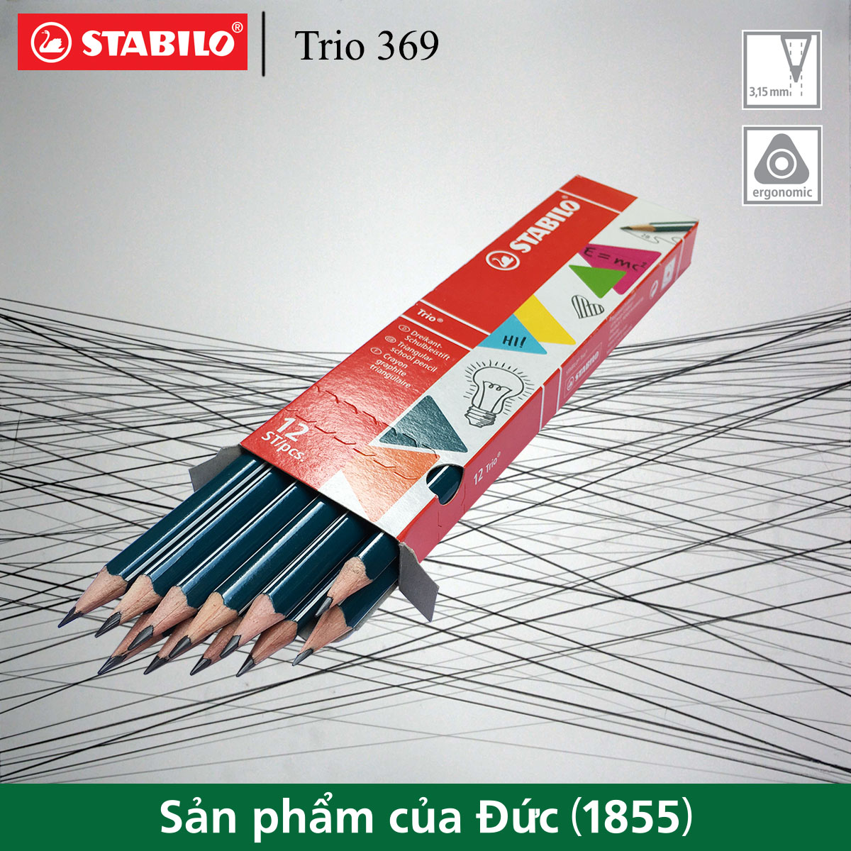 Hộp 12 cây bút chì gỗ STABILO Trio 369 2B thân tam giác (PC369/12-2B)