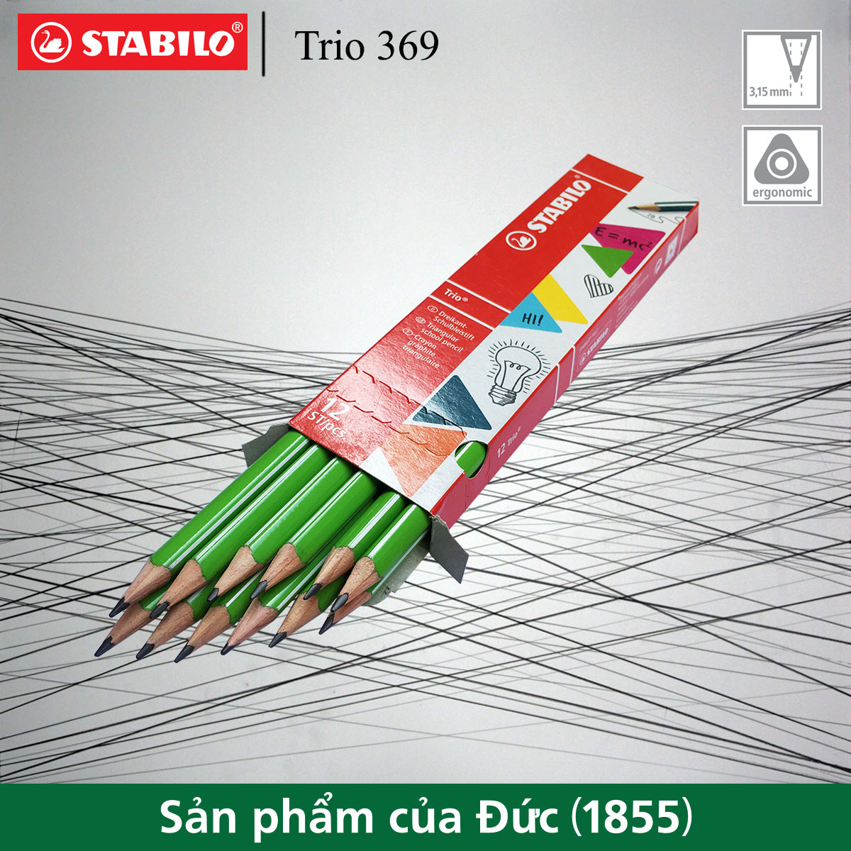 Hộp 12 cây bút chì gỗ STABILO Trio 369 2B thân tam giác (PC369/12-2B)