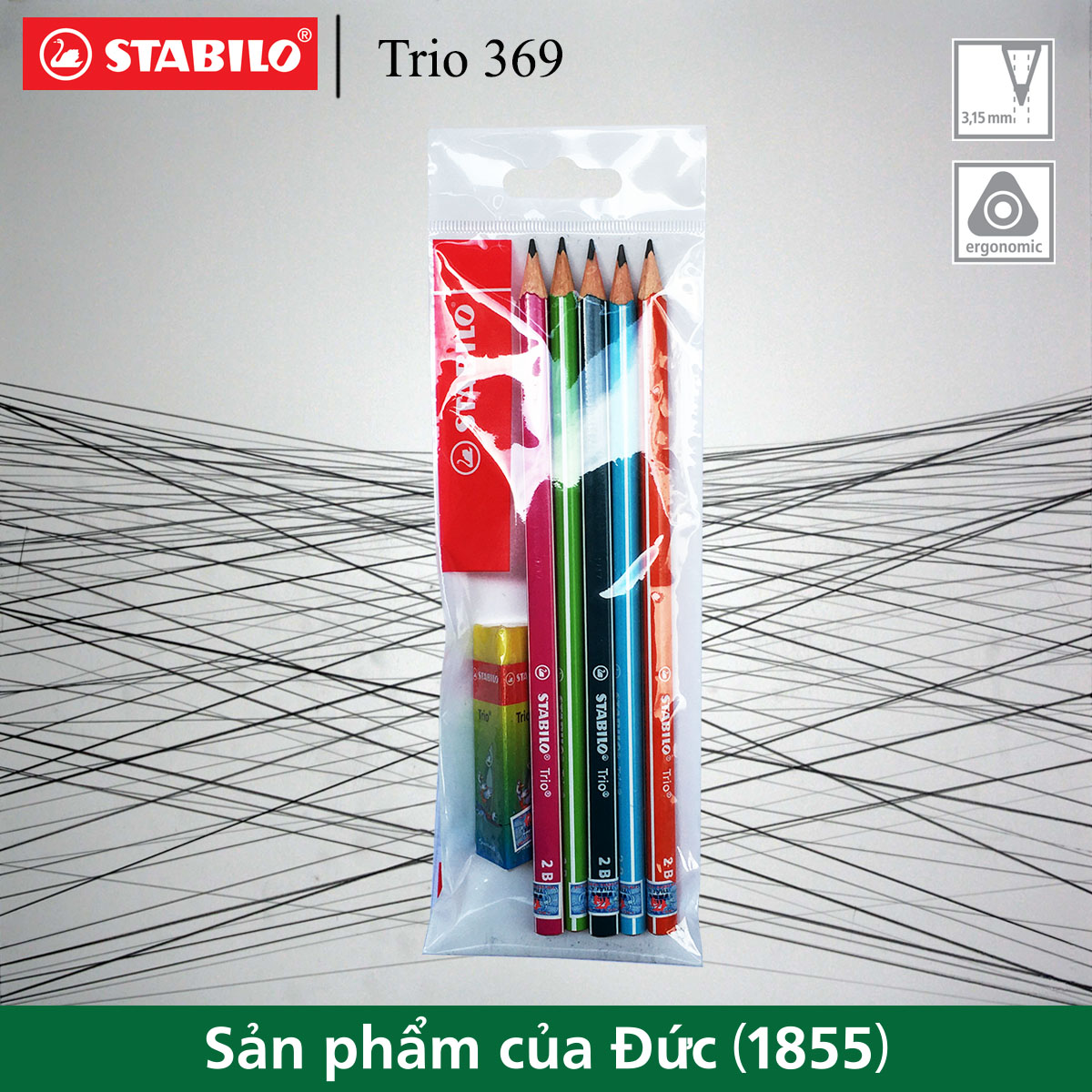 Combo 5 bút chì gỗ STABILO Trio 369 2B