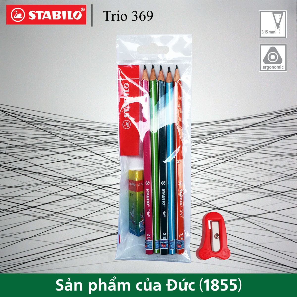 Combo 5 bút chì gỗ STABILO Trio 369 2B