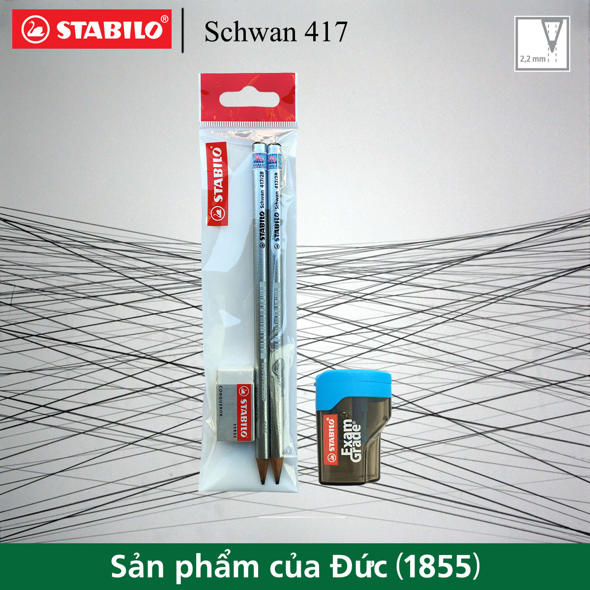 Bộ 2 cây bút chì gỗ STABILO Schwan 417 màu bạc + tẩy ER193 + chuốt PS4538 (PC417S-C2S+)