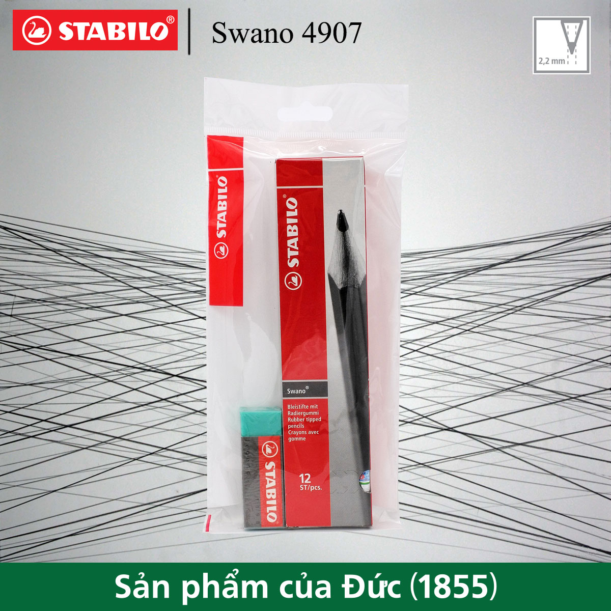 Hộp chì gỗ STABILO Swano 4907 HB có đầu tẩy 12 cây