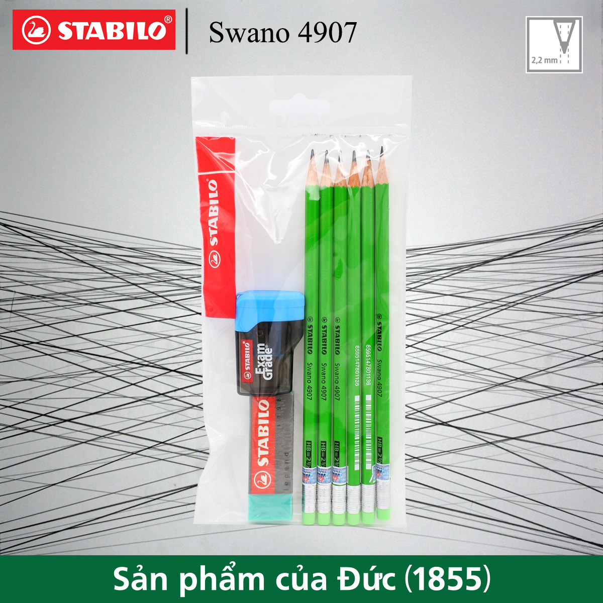 Bộ 6 bút chì gỗ STABILO Swano 4907 HB thân neon, có tẩy