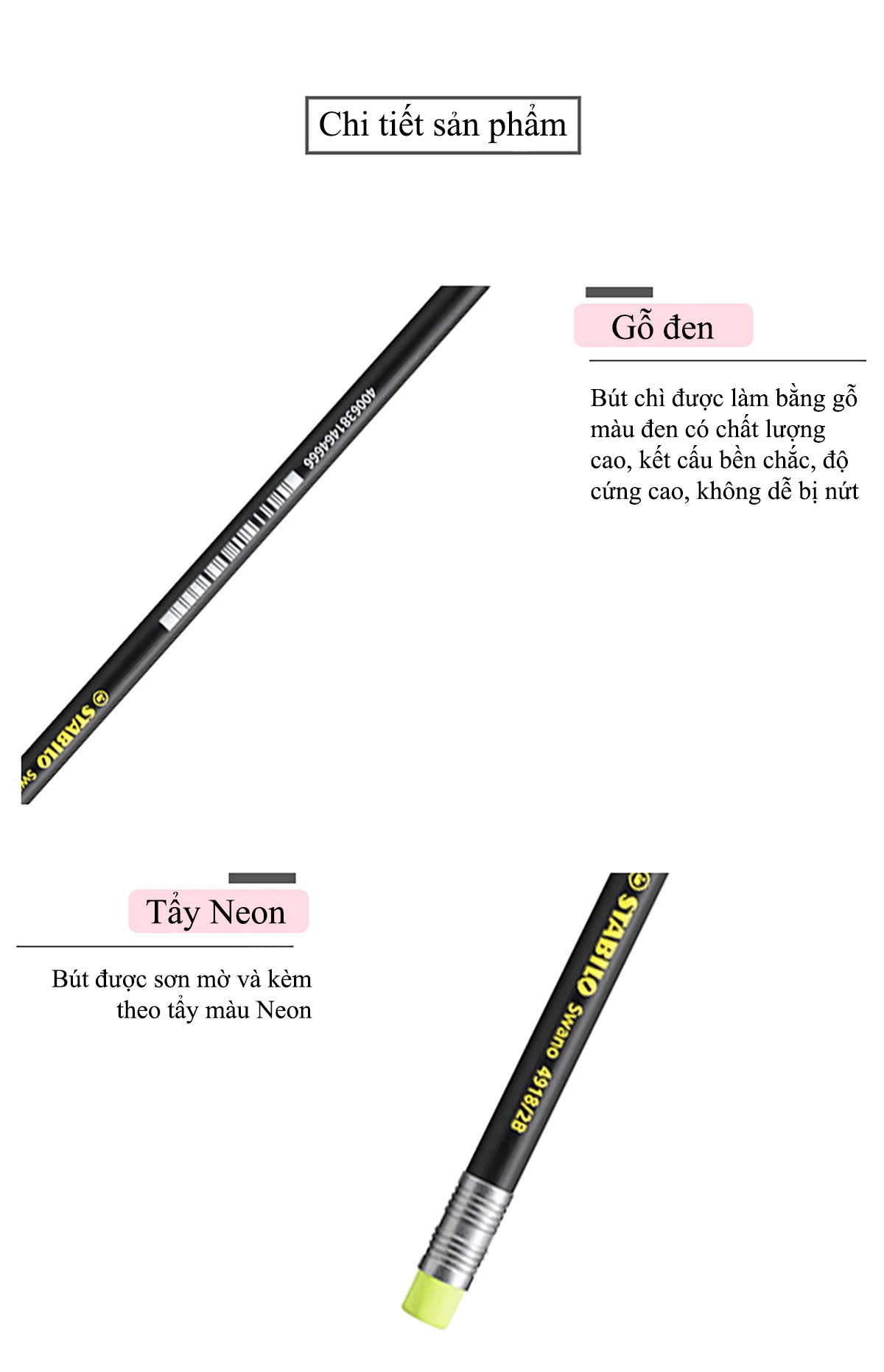 Bút chì gỗ STABILO Swano 4918-2B (thân đen, có gôm)