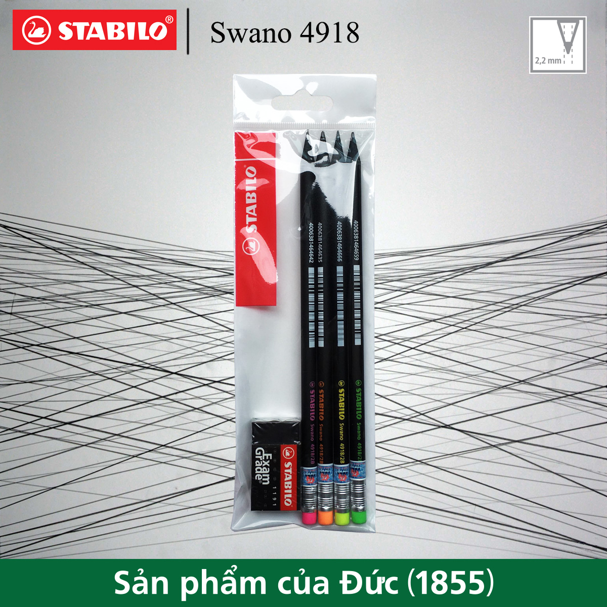 Bộ 4 bút chì gỗ STABILO Swano 2B 4918 (thân đen, đầu tẩy màu)
