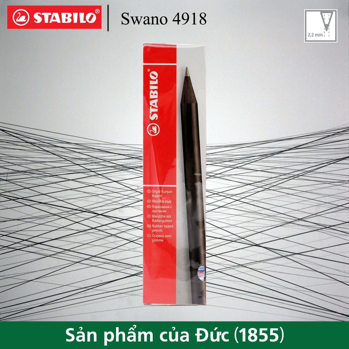 Hộp 12 cây bút chì gỗ STABILO Swano 2B 4918 thân đen, đầu tẩy