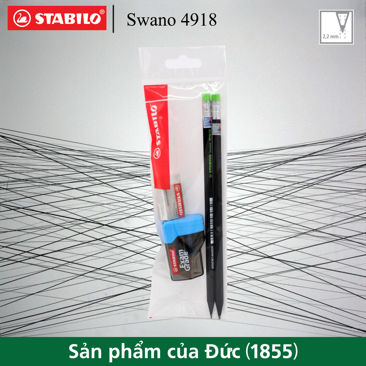 Bộ 2 bút chì gỗ STABILO Swano 2B 4918 (thân đen, đầu tẩy màu)