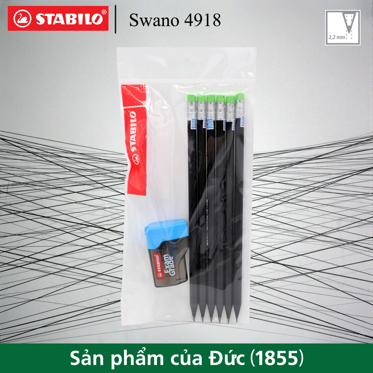 Bộ 6 bút chì gỗ STABILO Swano 2B 4918 (thân đen, đầu tẩy màu)