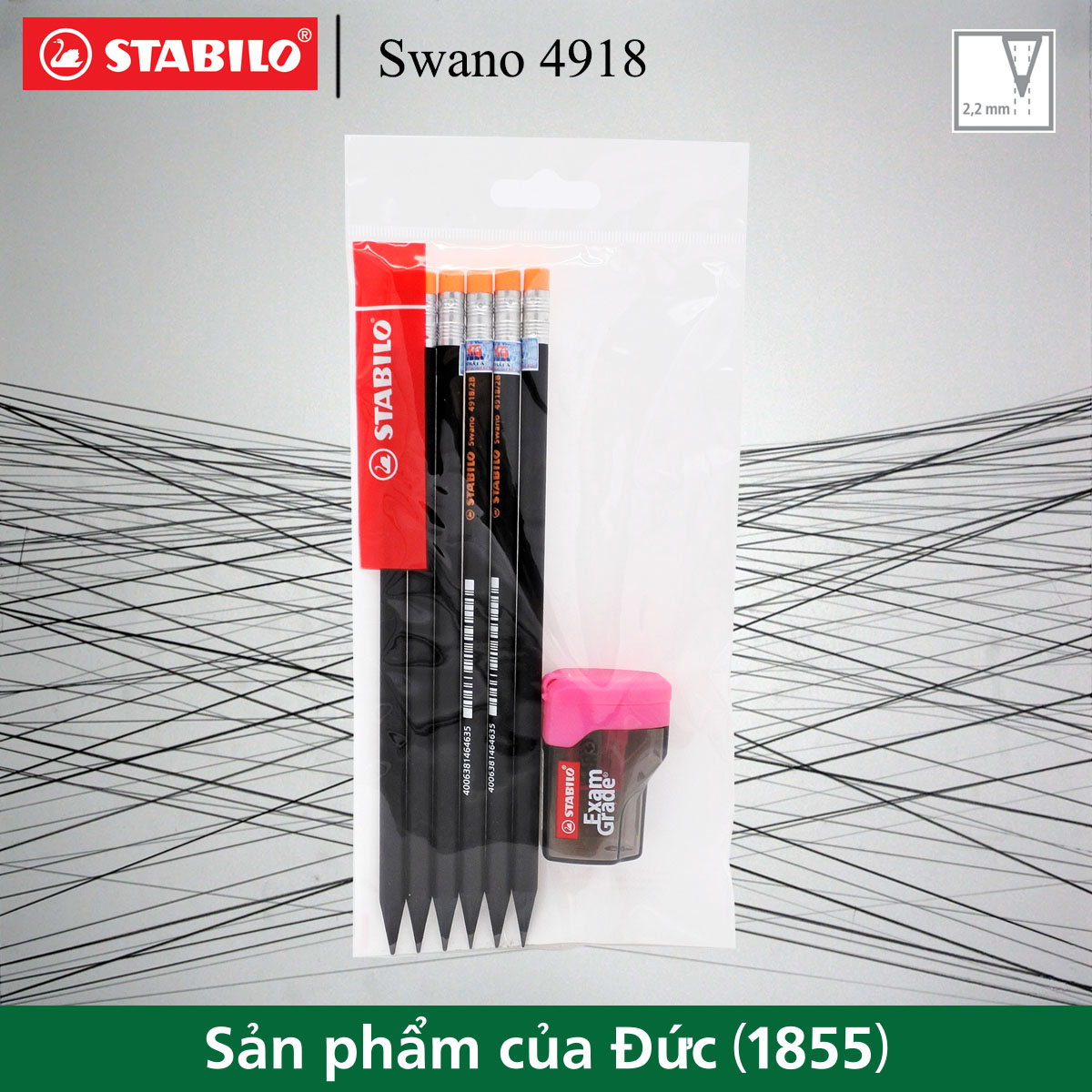 Bộ 6 bút chì gỗ STABILO Swano 2B 4918 (thân đen, đầu tẩy màu)