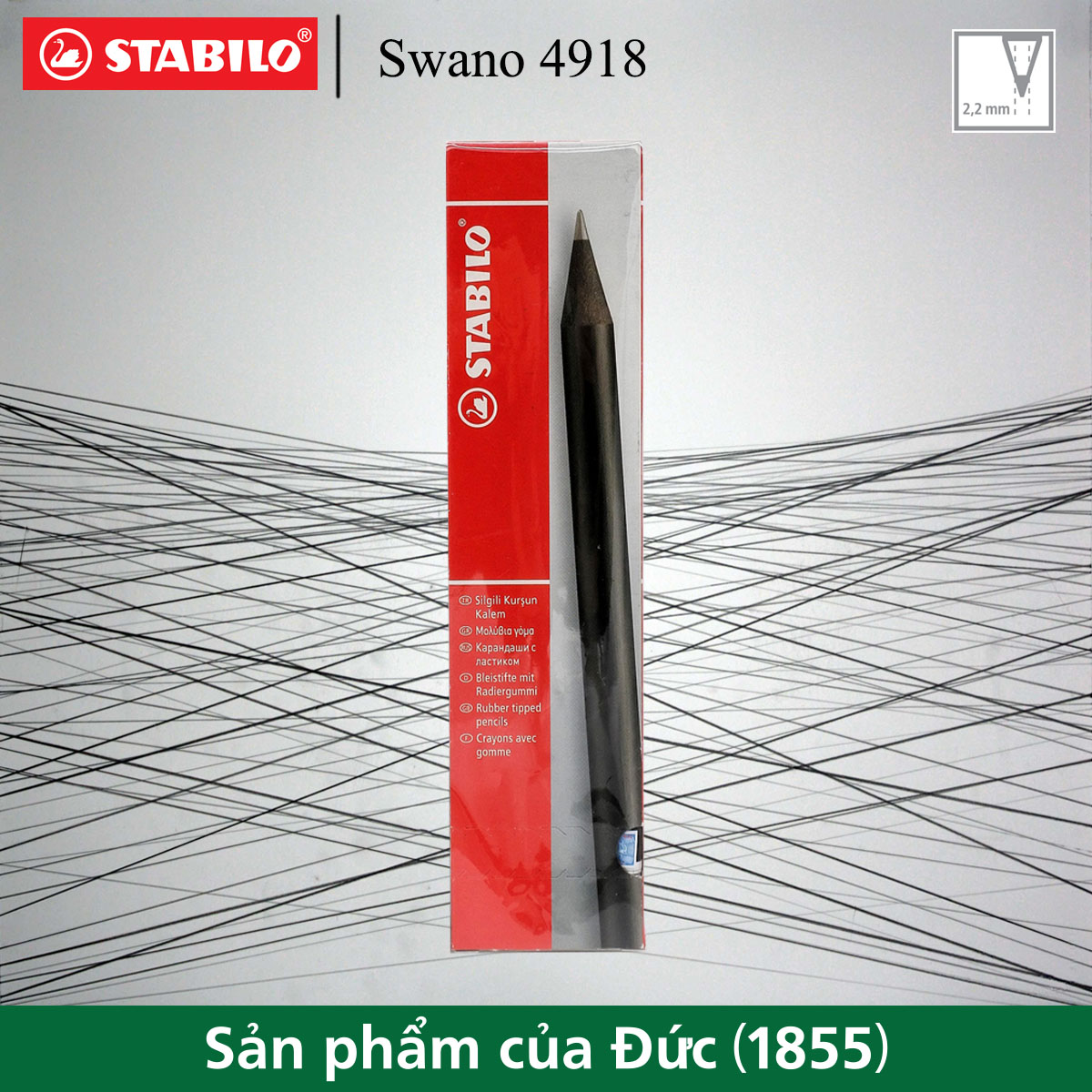 Hộp 12 cây bút chì gỗ STABILO Swano 2B 4918 thân đen, đầu tẩy