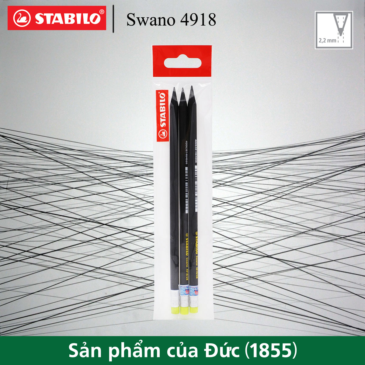 Bộ 3 bút chì gỗ STABILO Swano 2B 4918 (thân đen, đầu tẩy màu)