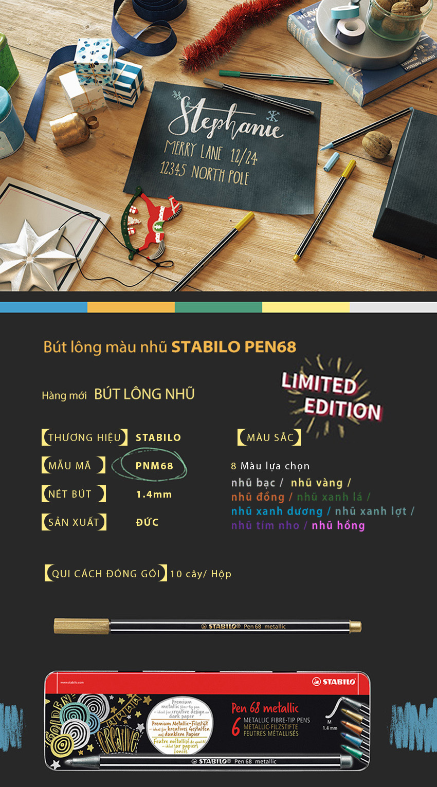 Bộ 8 bút lông nhũ STABILO Pen 68 metallic