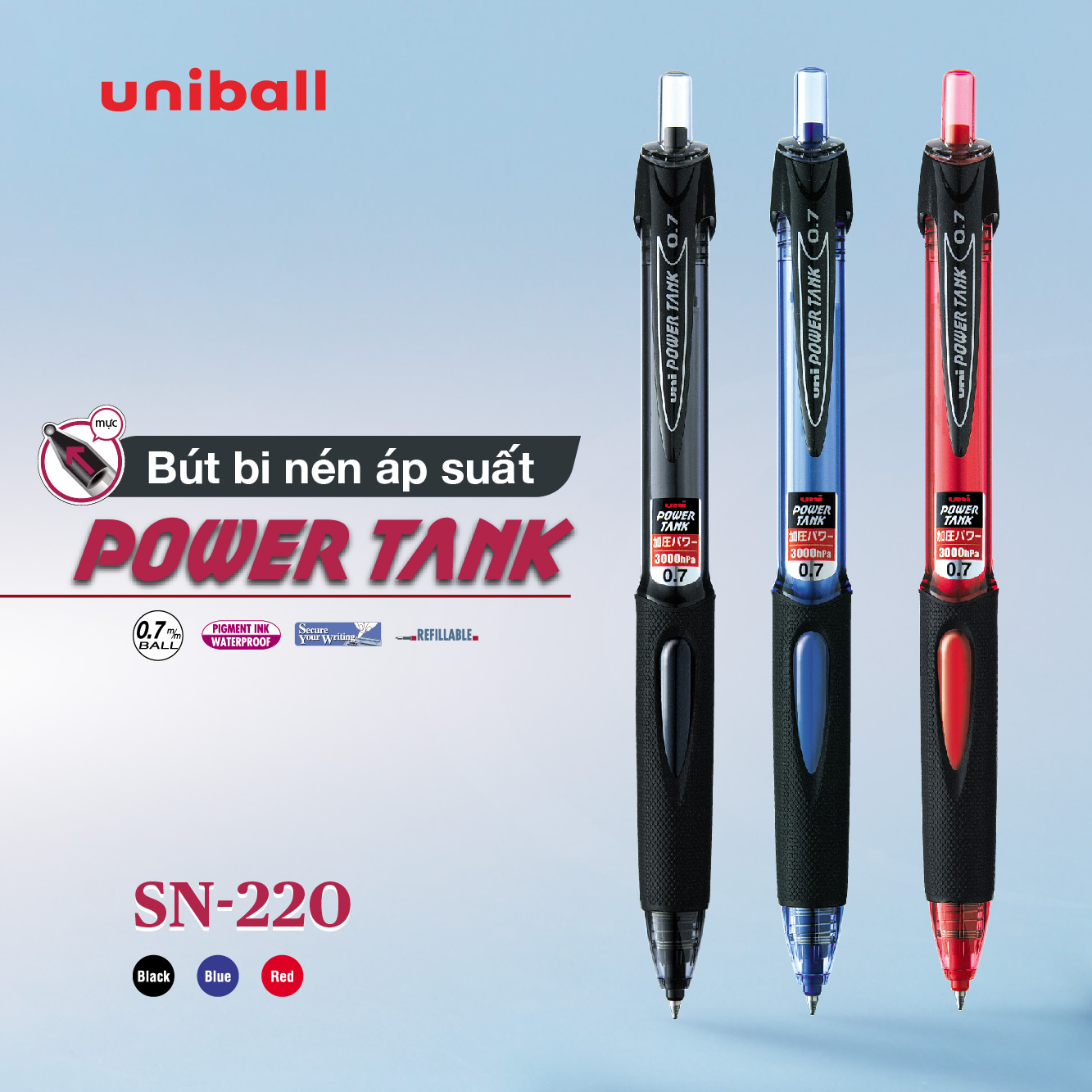 Bộ 3 bút bi bấm Uni Power Tank SN220 nét 1.0