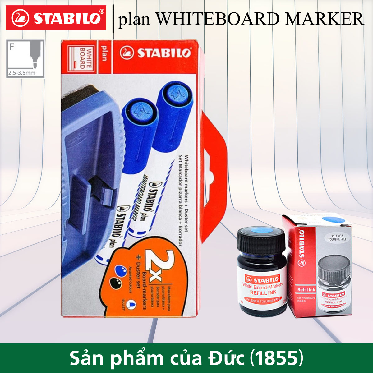 Set 2 Bút lông bảng STABILO plan WHITEBOARD MARKER + lau bảng (WM641-2S)