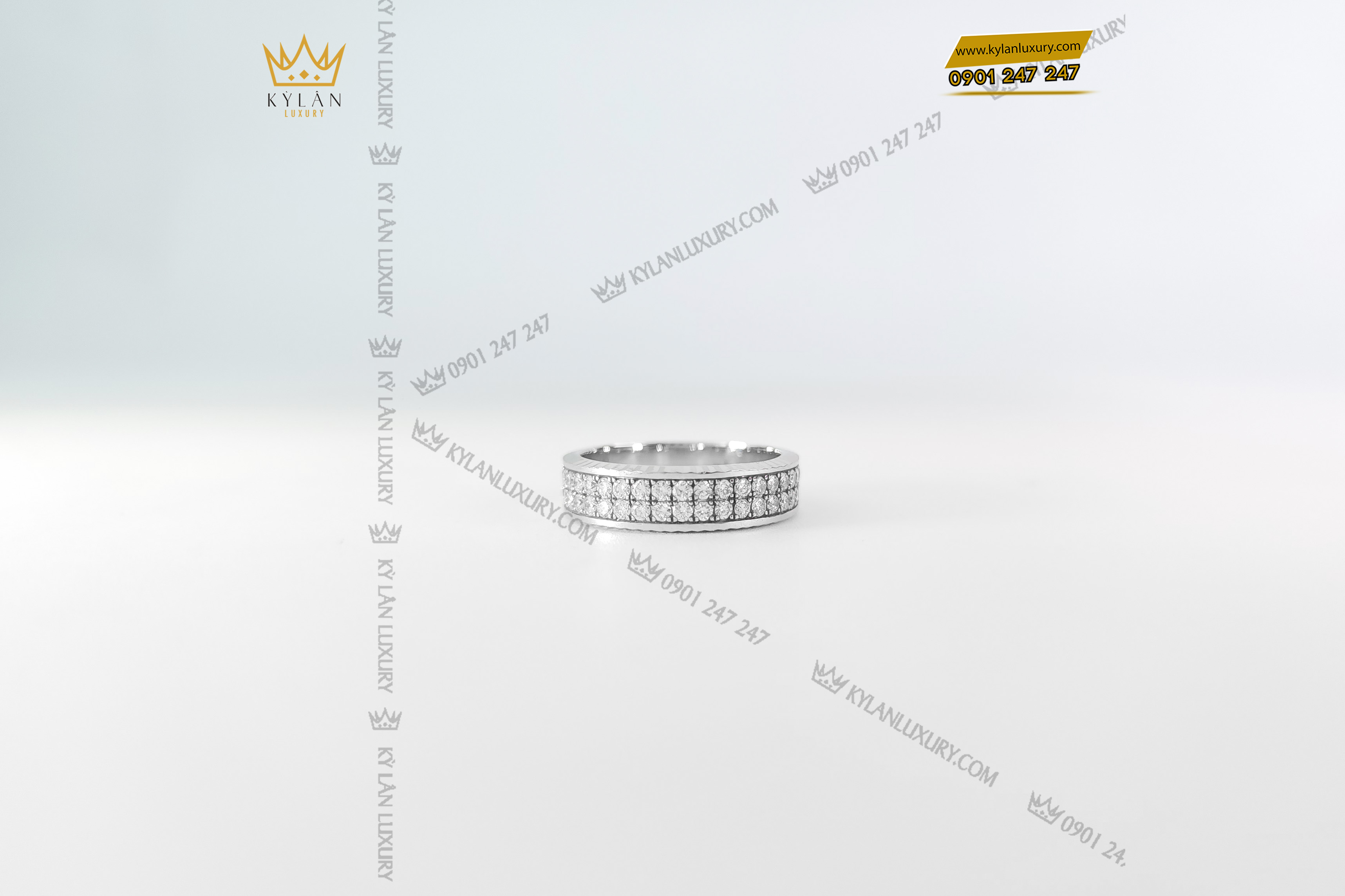 Kỳ Lân Luxury nhan 2 hang kim cuong vien bezel rolex 19 Nhẫn 2 hàng kim cương vàng nguyên khối Au750 viền bezel Rolex