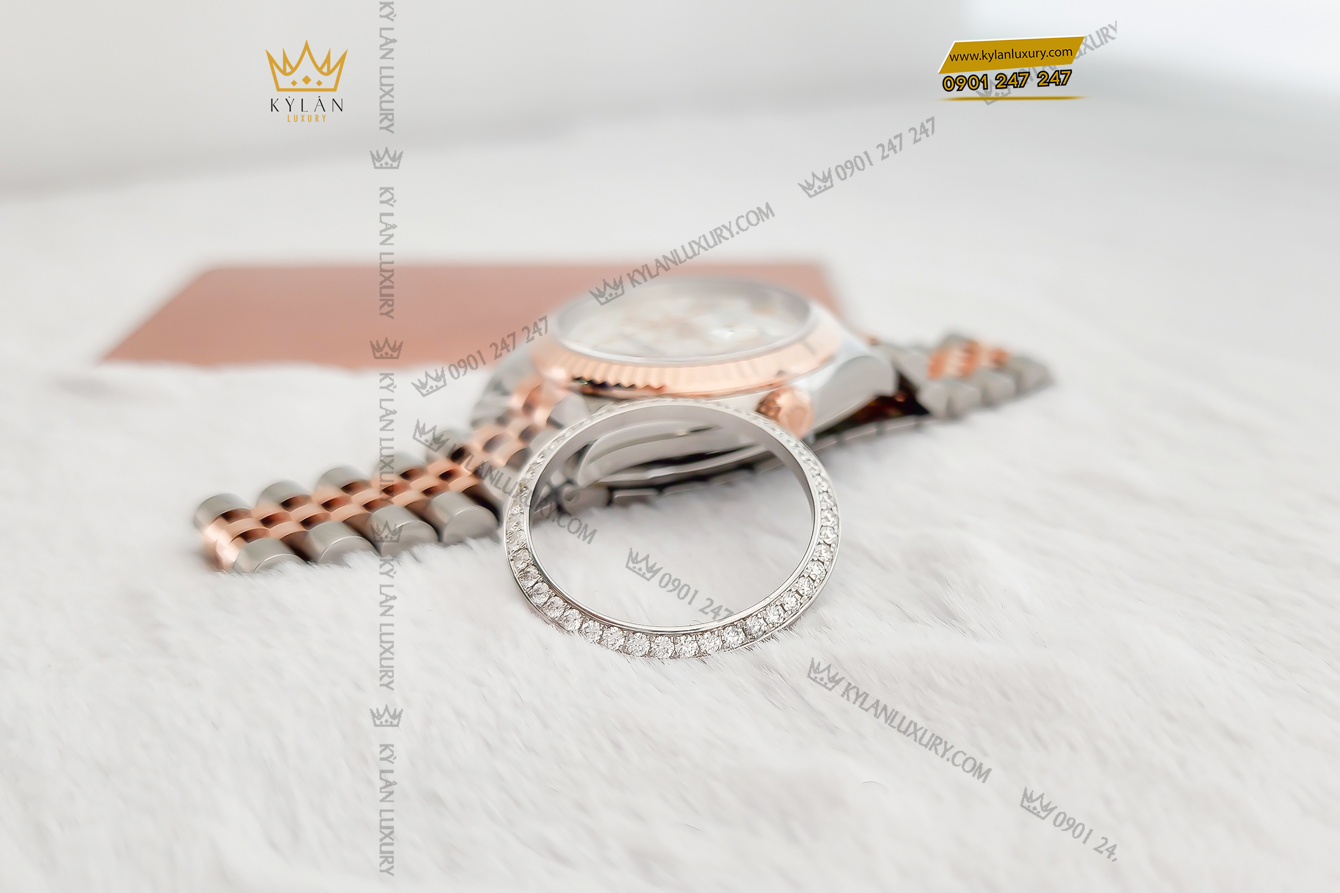 Kỳ Lân Luxury vong bezel rolex vang trang 18k au750 dinh kim cuong 11 Vòng Bezel Rolex vàng trắng 18k Au750 đính kim cương
