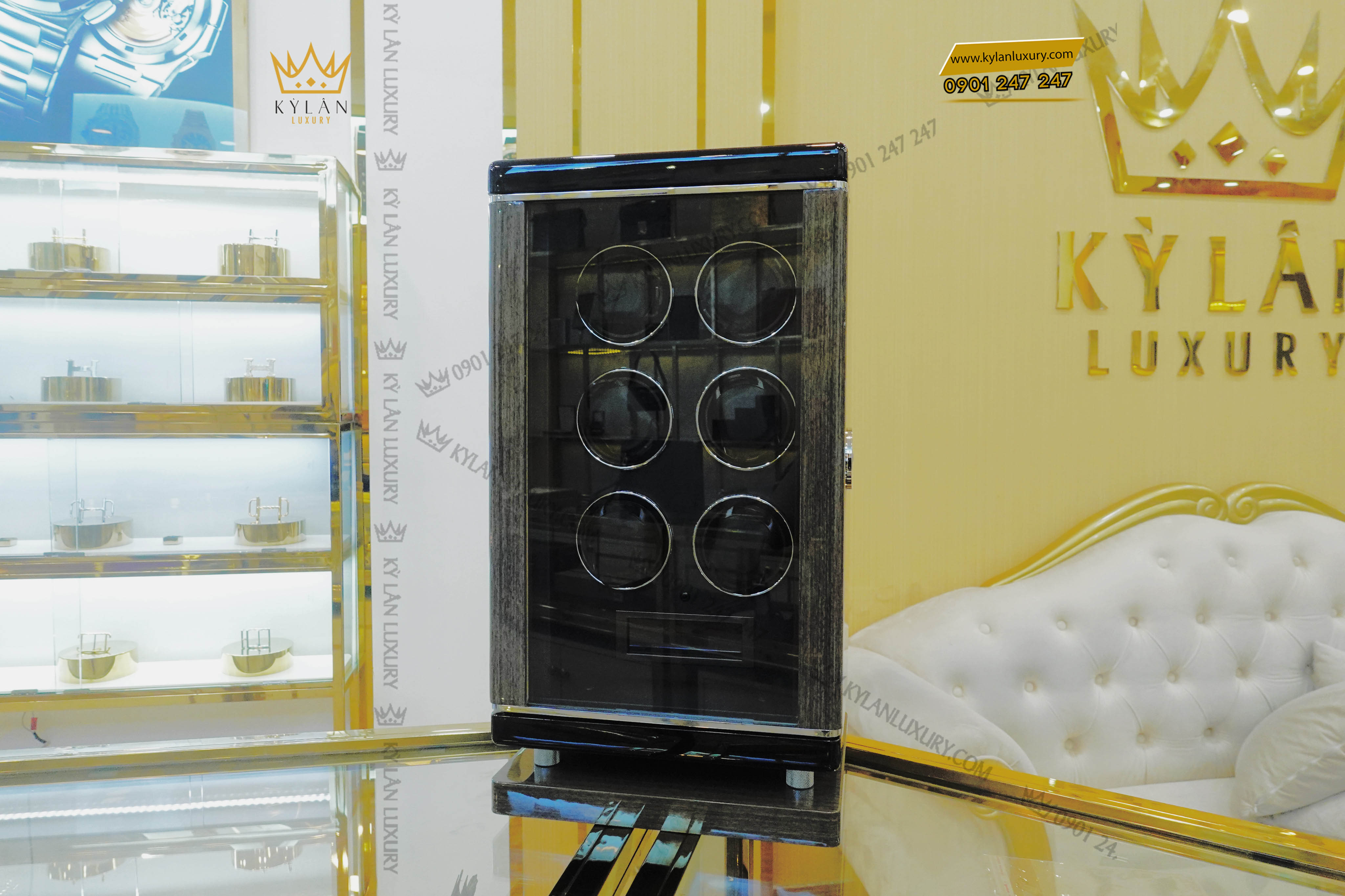Hộp xoay đồng hồ cơ cao cấp khóa vân tay 6 ngăn