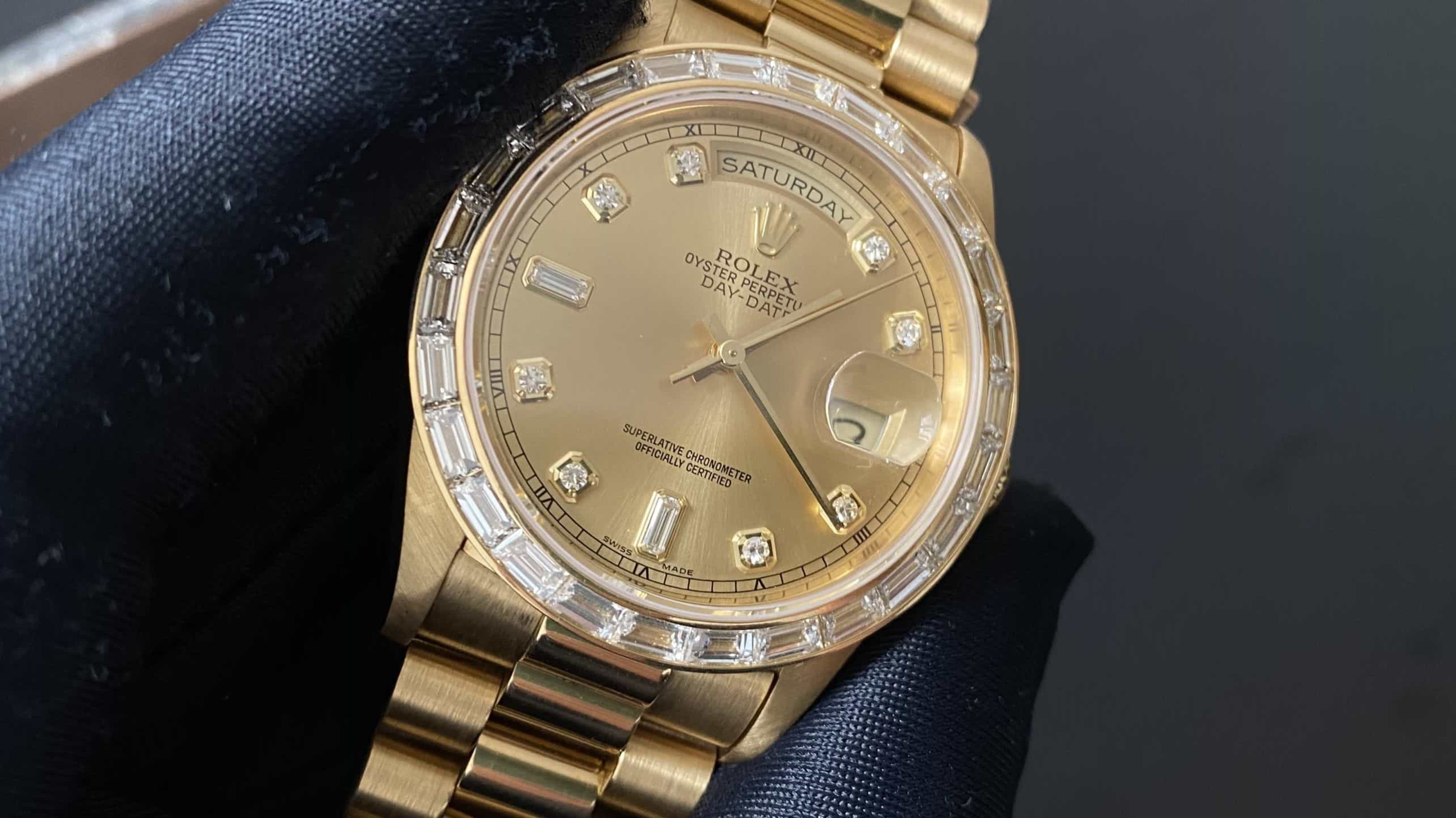 Rolex Day-Date Yellow Gold Bezal Diamond Baguestte | Kỳ Lân Luxury Rolex Day-Date Yellow Gold Bezal Diamond Baguestte | Kỳ Lân Luxury
