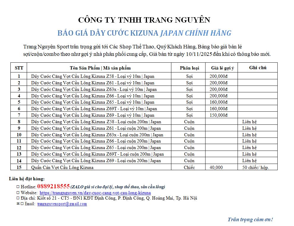 Bảng Báo Giá Dây Cước Căng Vợt Cầu Lông Kizuna Chính Hãng