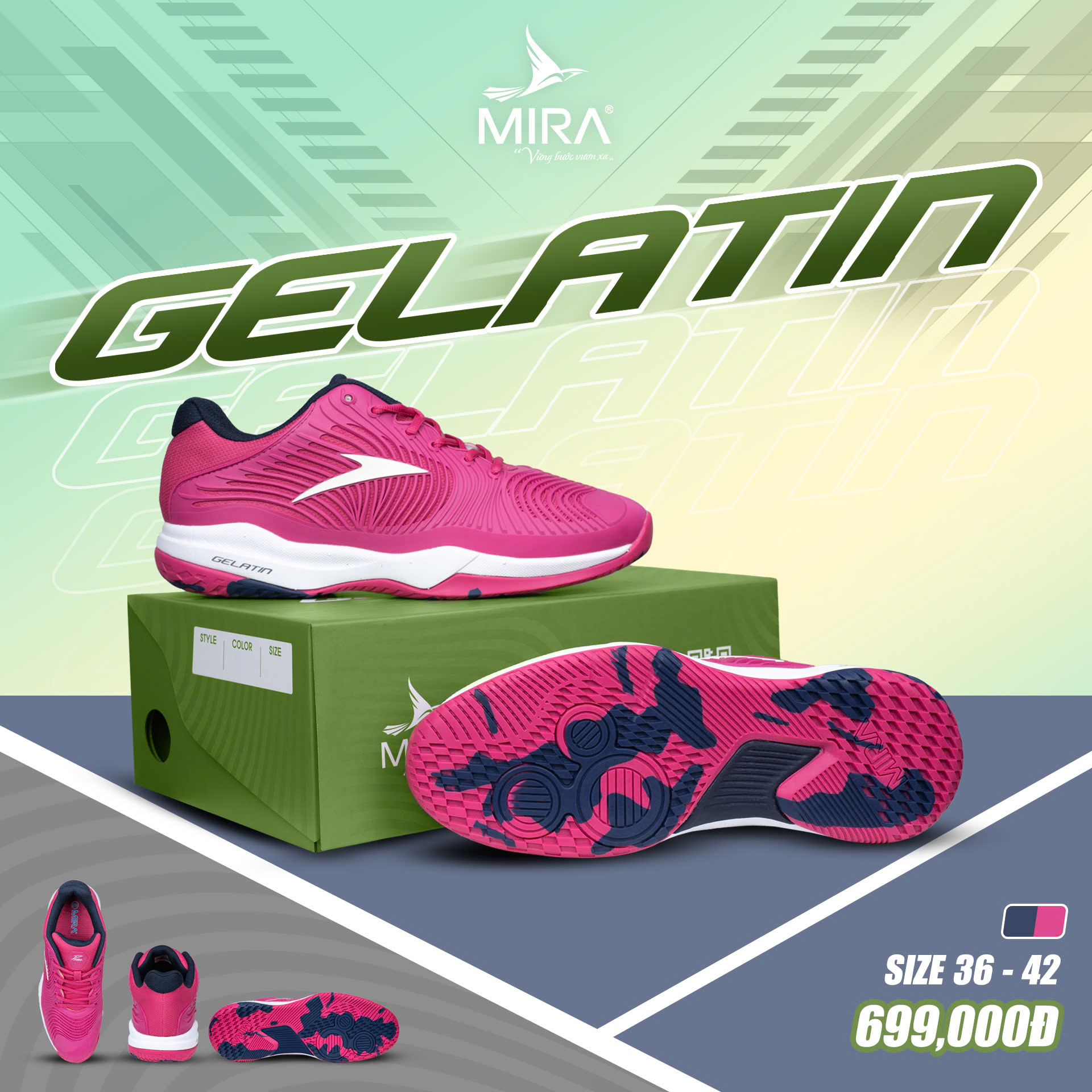 Giày Pickleball Mira Gelatin - Màu Hồng | Size 36 đến 45