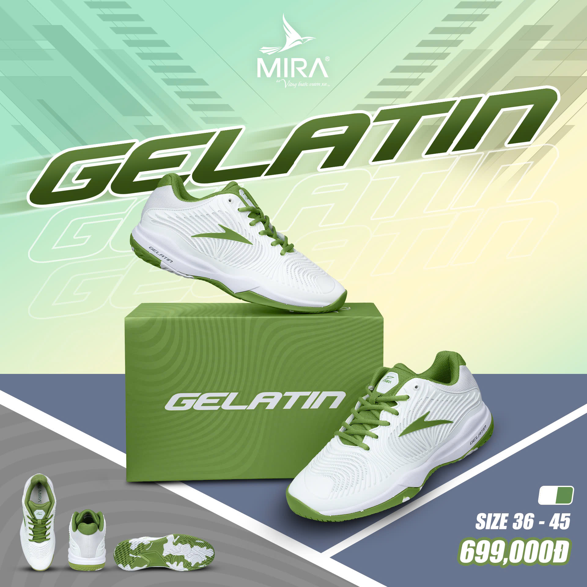 Giày Pickleball Mira Gelatin - Màu Trắng Lính | Size 36 đến 45