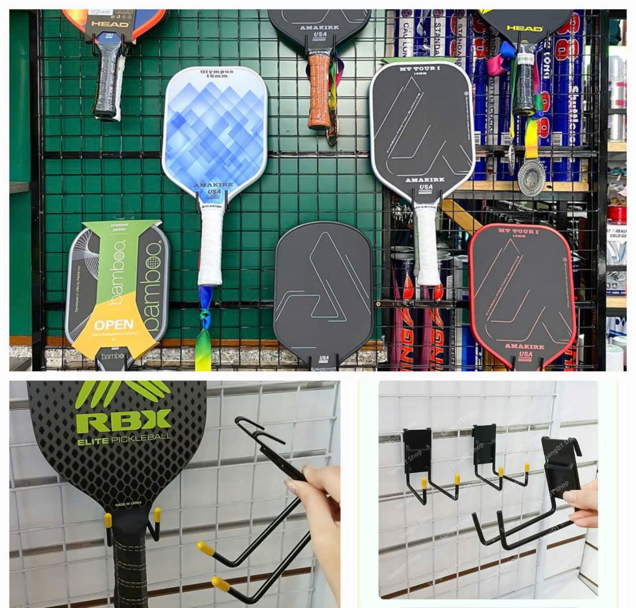 Móc Treo Vợt Pickleball Sắt Sơn Tĩnh Điện - Loại cài Khung Lưới Ô Vuông