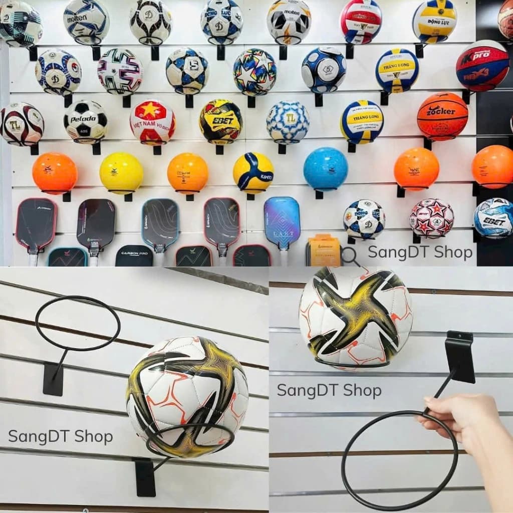 Trưng Bày Cửa Hàng Thể Thao Với Móc treo bóng cho shop thể thao cài lưới ô vuông hoặc lưới mắt cáo | Sports store display