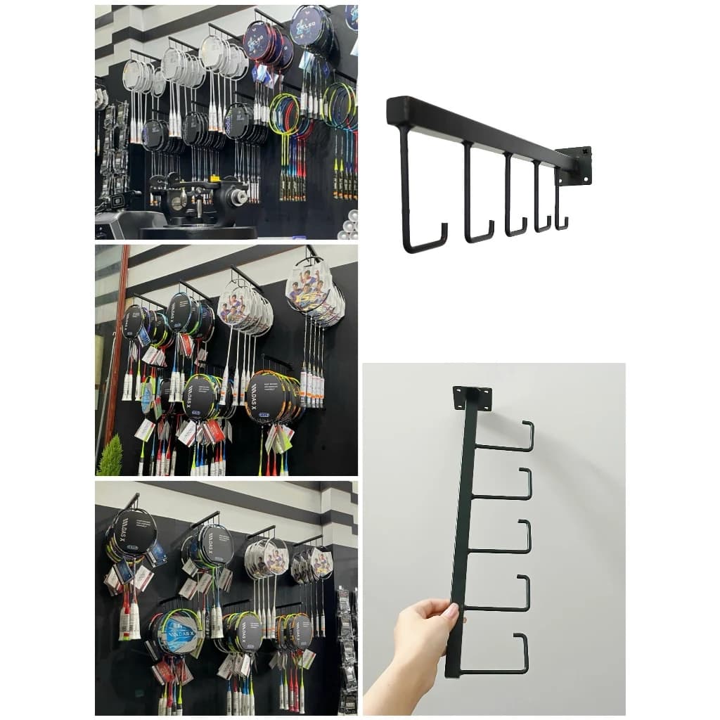 Trưng Bày Cửa Hàng Thể Thao Với Móc treo vợt cầu lông vợt tennis 4 móc râu chất liệu sắt sơn tĩnh điện chống gỉ sét | Sports store display