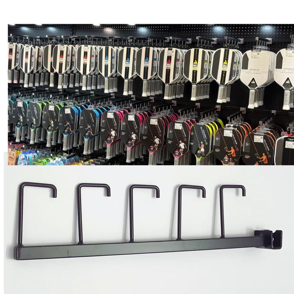 Trưng Bày Cửa Hàng Thể Thao Với Thanh treo 5 râu trưng bày vợt pickleball Móc treo vợt pickleball cài cây sắt 13x26mm sắt chống gỉ | Sports store display