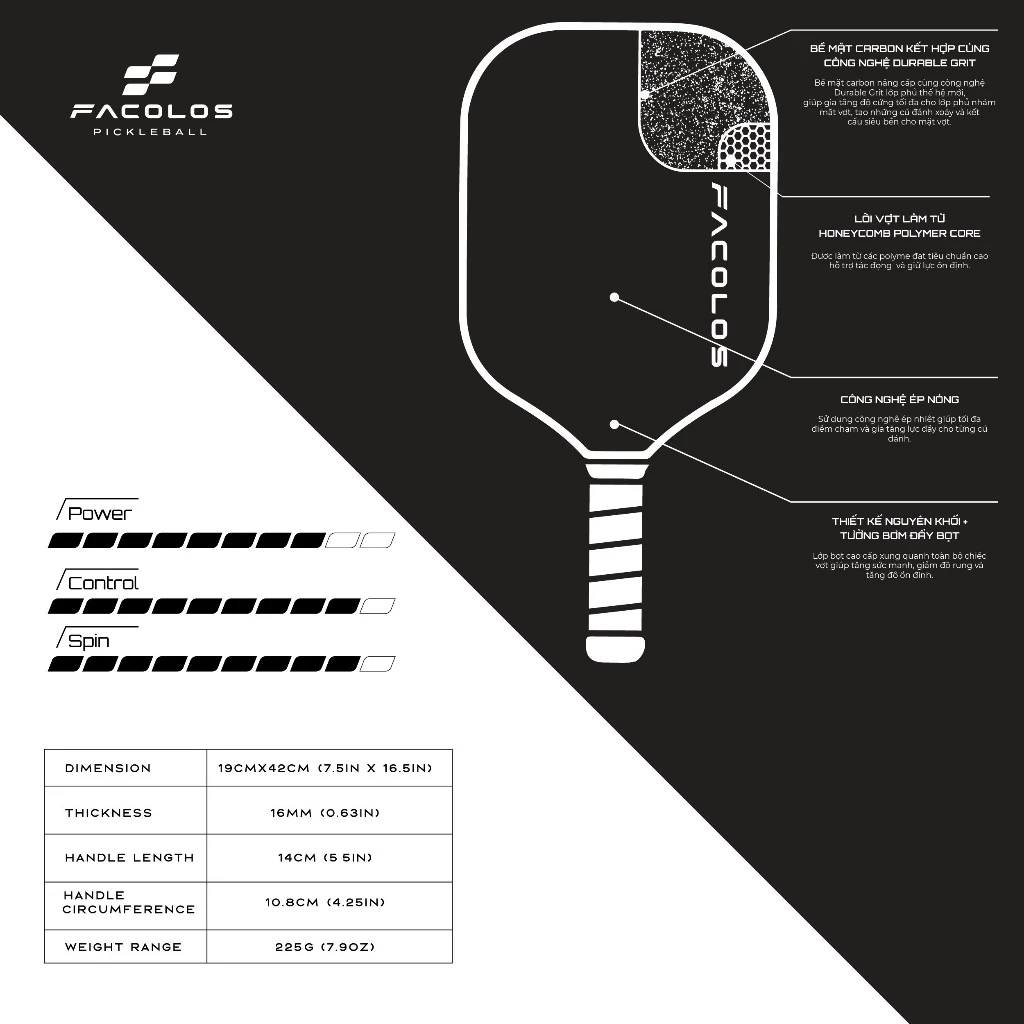 Vợt Pickleball Facolos Pro Series – Hybrid Pro 16mm White