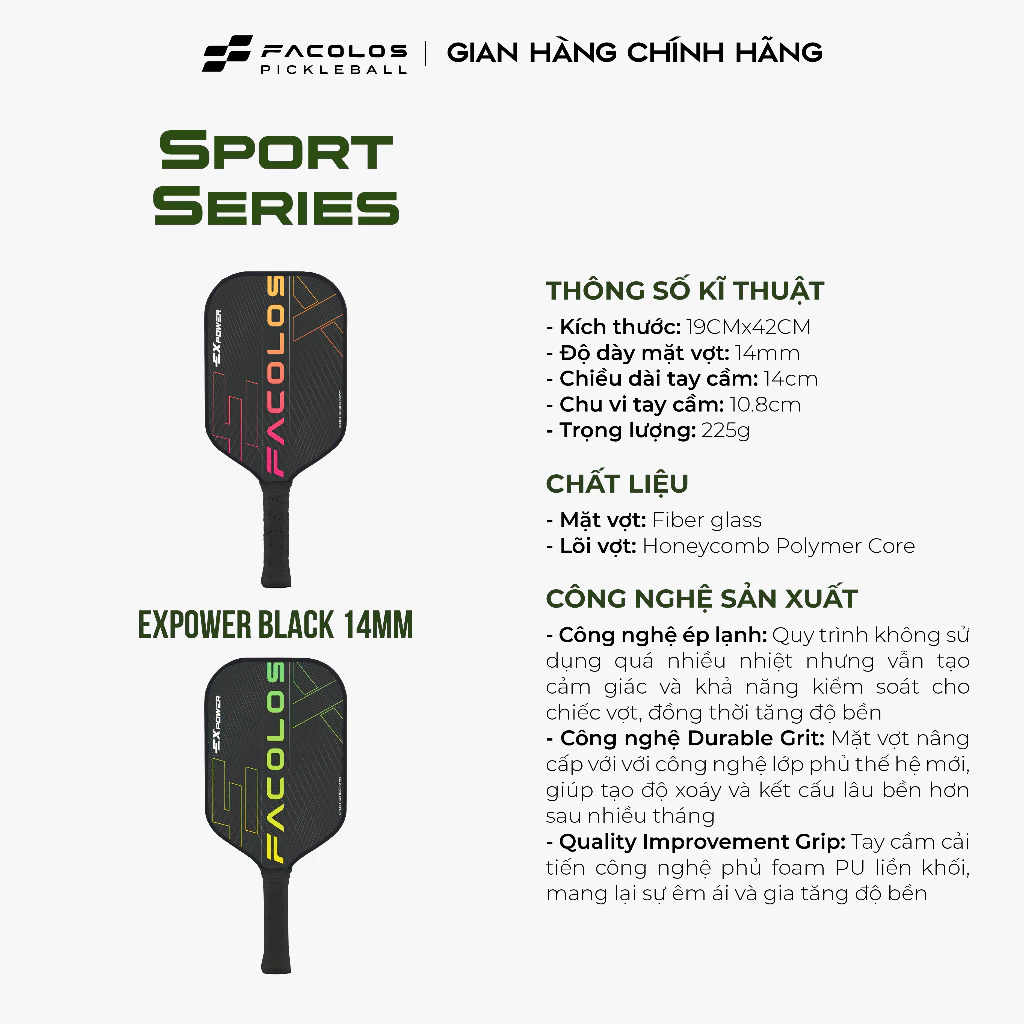 Vợt Pickleball Facolos Sport Series - ExPower Black 14mm