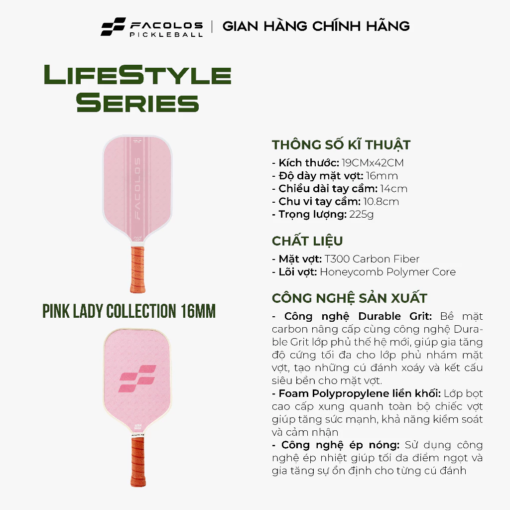 Vợt Pickleball Facolos Lifestyle Series – Pink Lady 16mm