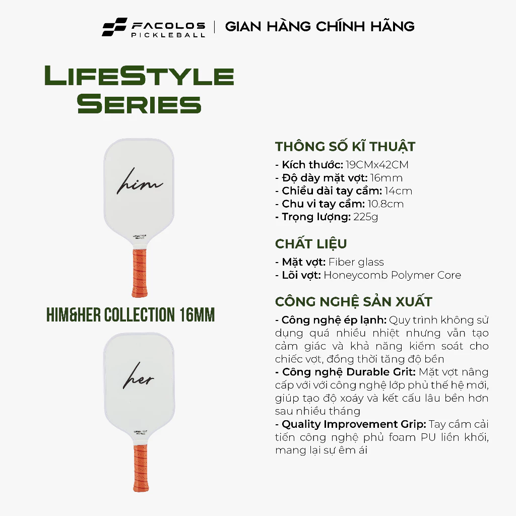 Vợt Pickleball Facolos LifeStyle 16mm Series Him & Her Collection