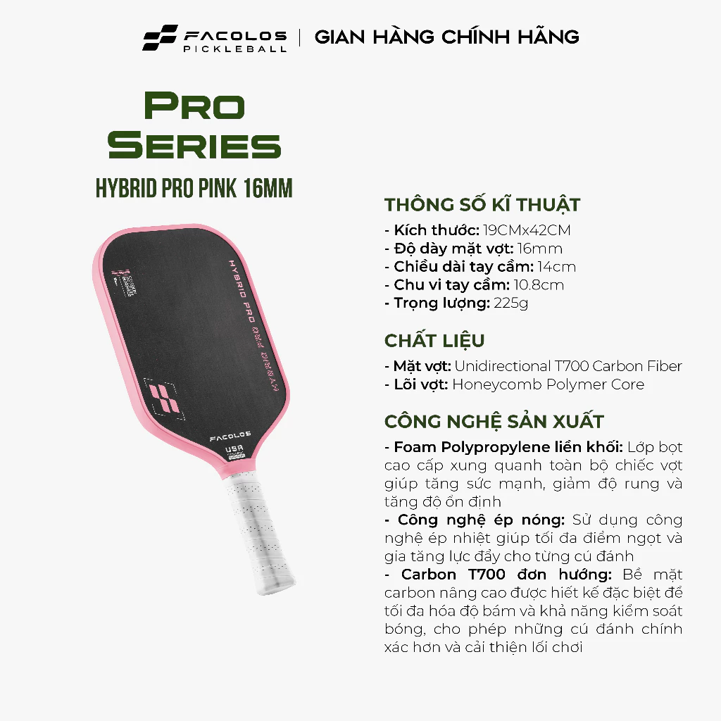 Vợt Pickleball Facolos Pro Series – Hybrid Pro 16mm Prink