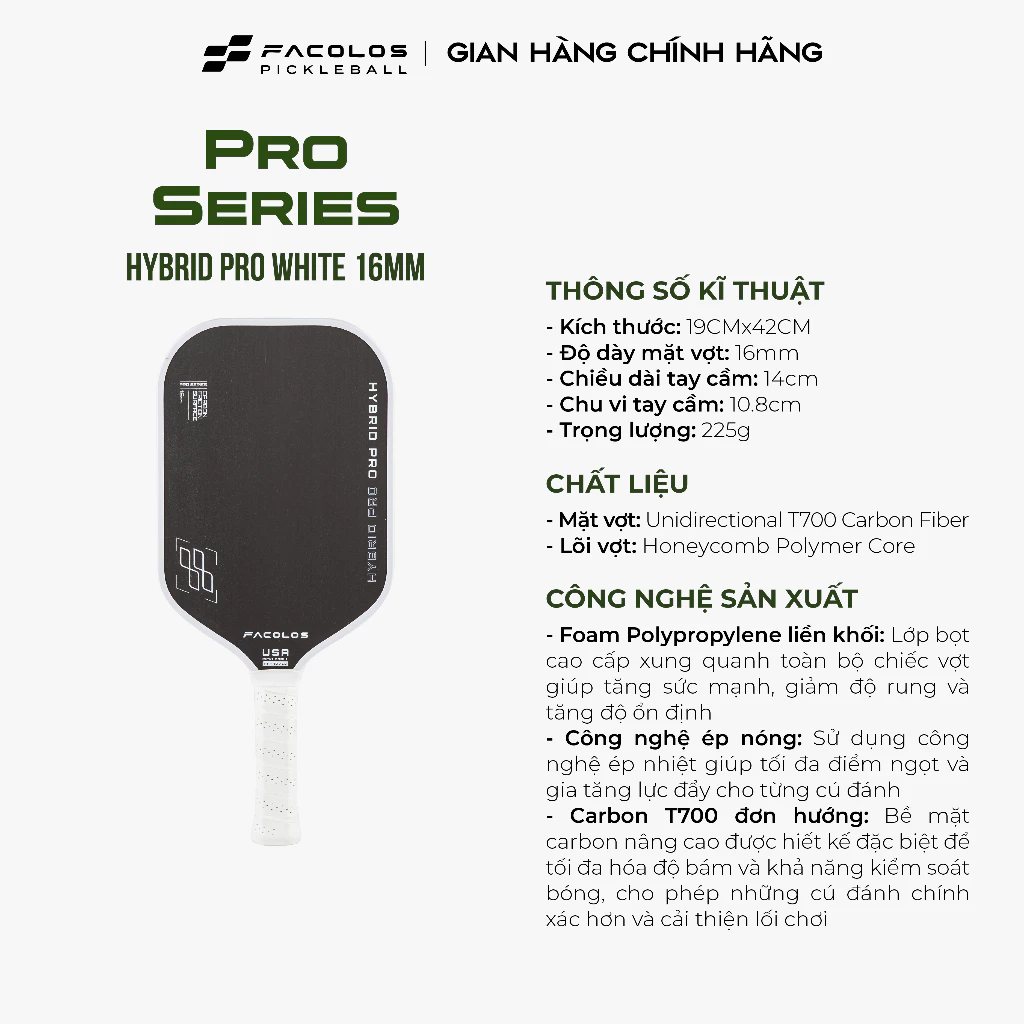 Vợt Pickleball Facolos Pro Series – Hybrid Pro 16mm White