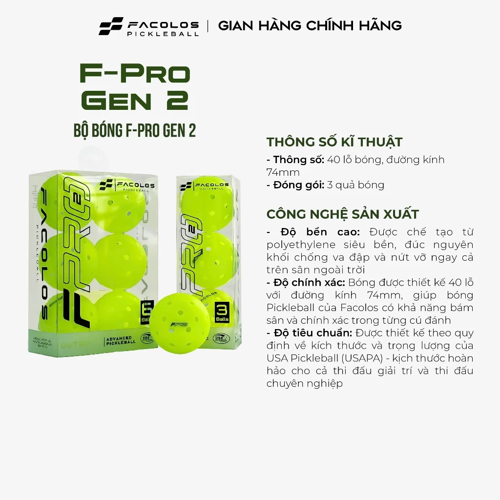 Bóng Pickleball Facolos F-Pro Gen 2 Performance - Hộp 3 Quả Màu 40 lỗ D74mm