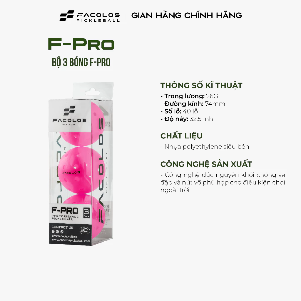 Bóng Pickleball Facolos F-Pro Performance - Hộp 3 Quả Màu 40 lỗ D74mm