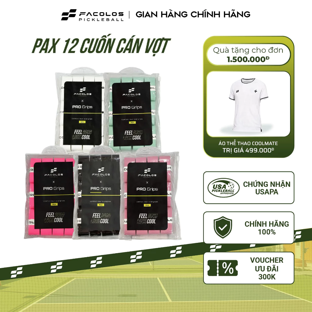 Quấn Cán Vợt Pickleball Facolos Pro Grips – Vỷ 12 Chiếc PU Cao Cấp