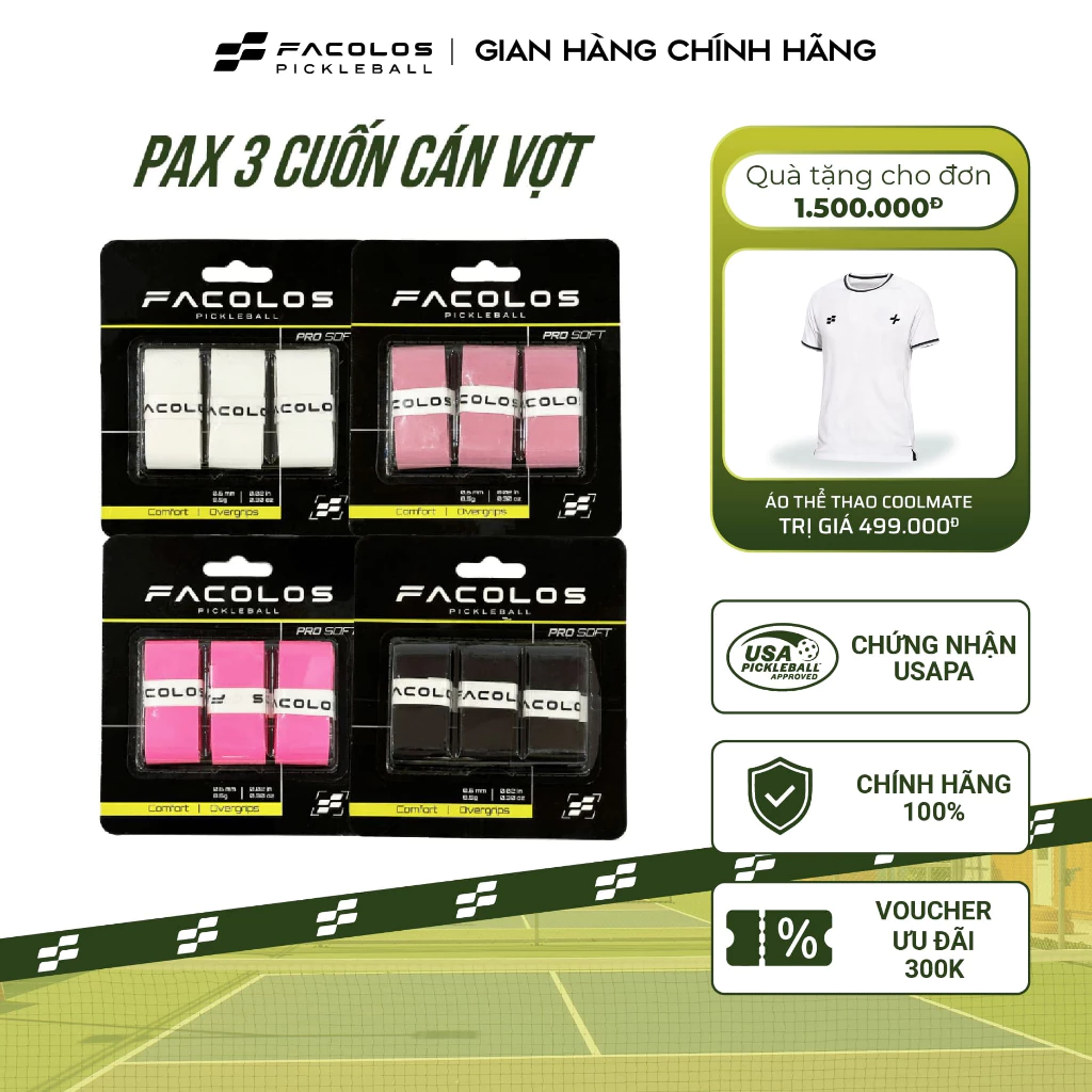 Quấn Cán Vợt Pickleball Facolos Pro Grips – Vỷ 3 Chiếc PU Cao Cấp