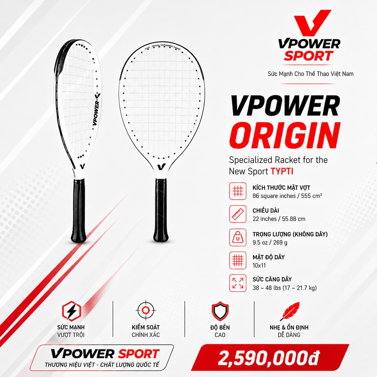 VPOWER Origin White Racquet For New Sport TYPTI
