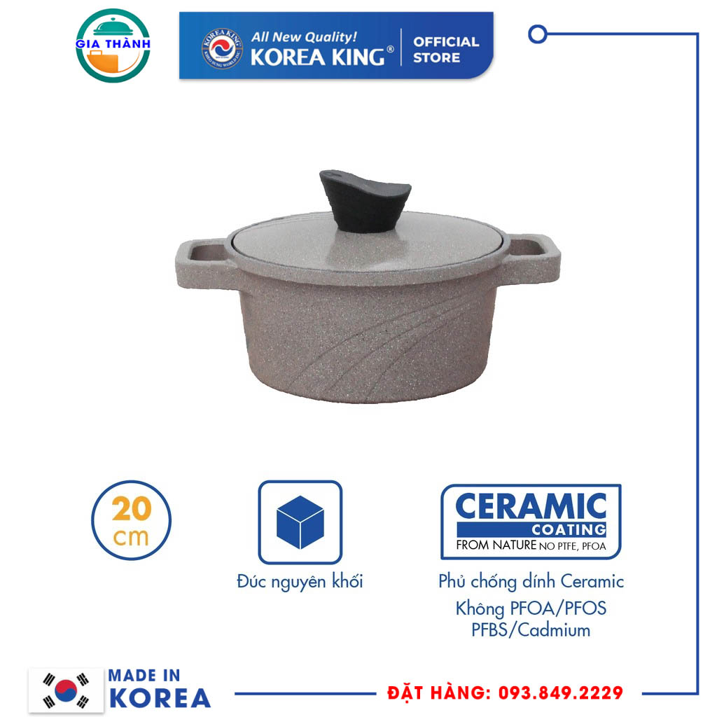Nồi nấu Levante 20cm đáy từ Korea King KP-20LI (Nồi, nắp bằng nhôm đúc, phủ men chống dính Ceramic, Ø20cm)