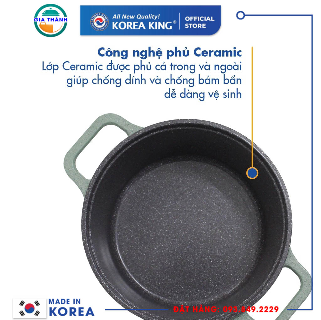 Nồi nấu Levante 20cm đáy từ Korea King KP-20LI (Nồi, nắp bằng nhôm đúc, phủ men chống dính Ceramic, Ø20cm)