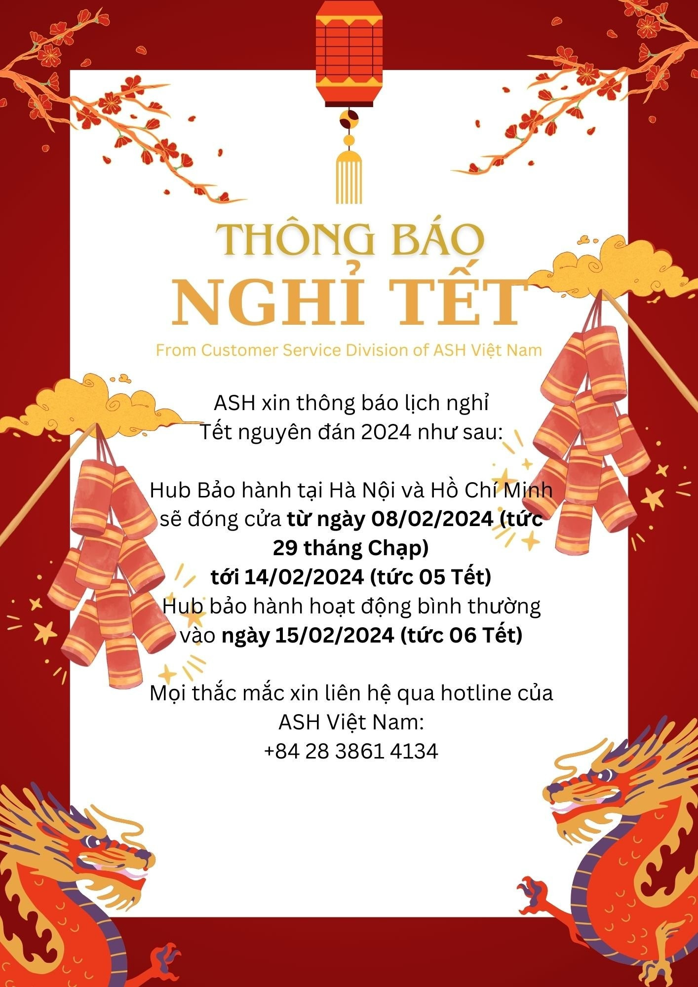 THÔNG BÁO LỊCH NGHỈ TẾT 2024 CỦA BẢO HÀNH ASH ASIA VIET NAM